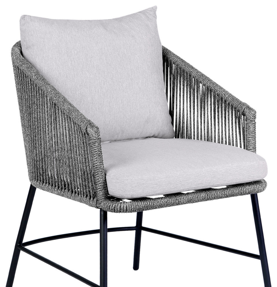 Calica Outdoor Patio Dining Chair, Black Metal And Gray Rope