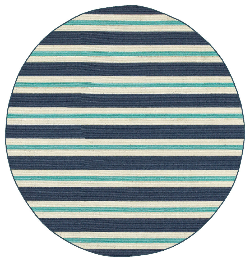 Madelina Stripe Blue and Ivory Indoor or Outdoor Area Rug, 7'10" Round