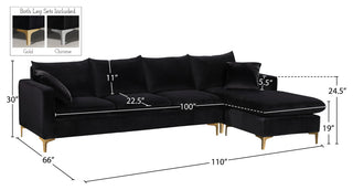 Naomi 3-Piece Velvet Upholstered Reversible Sectional, Black
