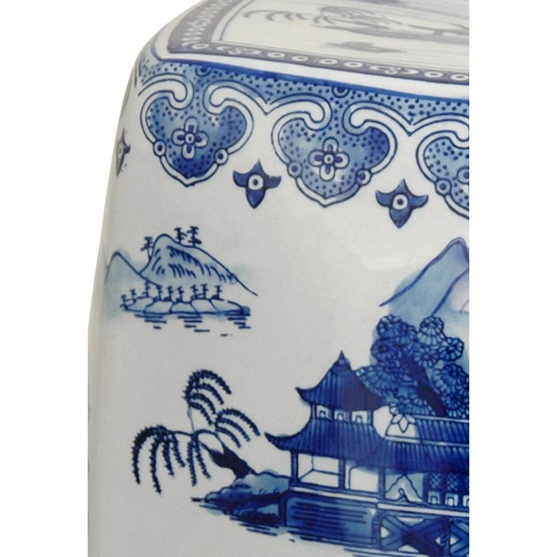 18" Square Landscape Blue and White Porcelain Garden Stool