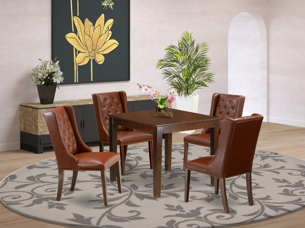 5Pc Kitchen Set, 1 Table, Square Top, 4 Brown Chairs Button Tufted, Mahogany