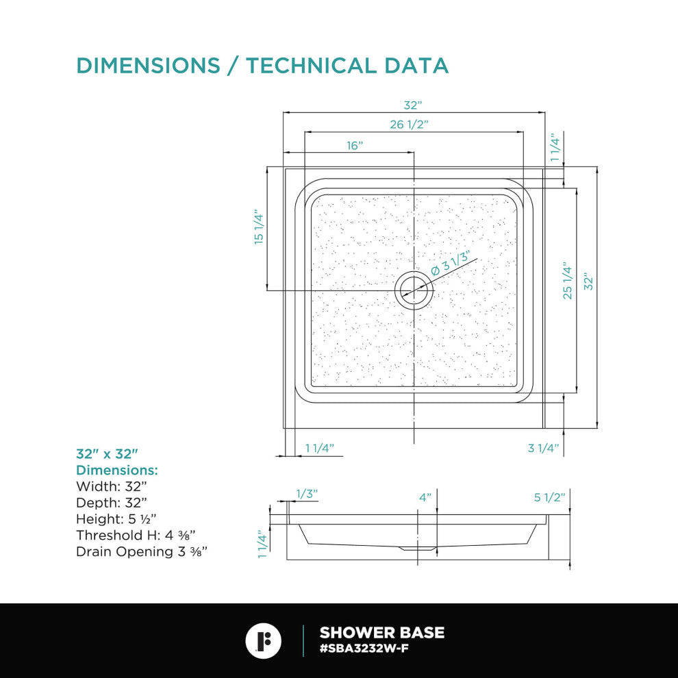 Fine Fixtures Single Threshold Shower Base, 32x32