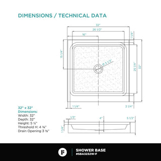 Fine Fixtures Single Threshold Shower Base, 32x32
