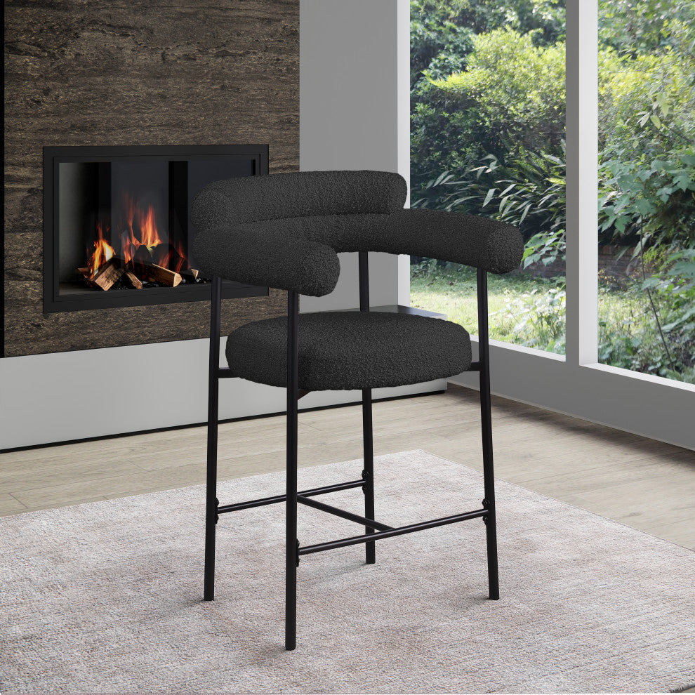 Blake Boucle Fabric Upholstered Counter Stool, Set of 2, Black, Matte Finish