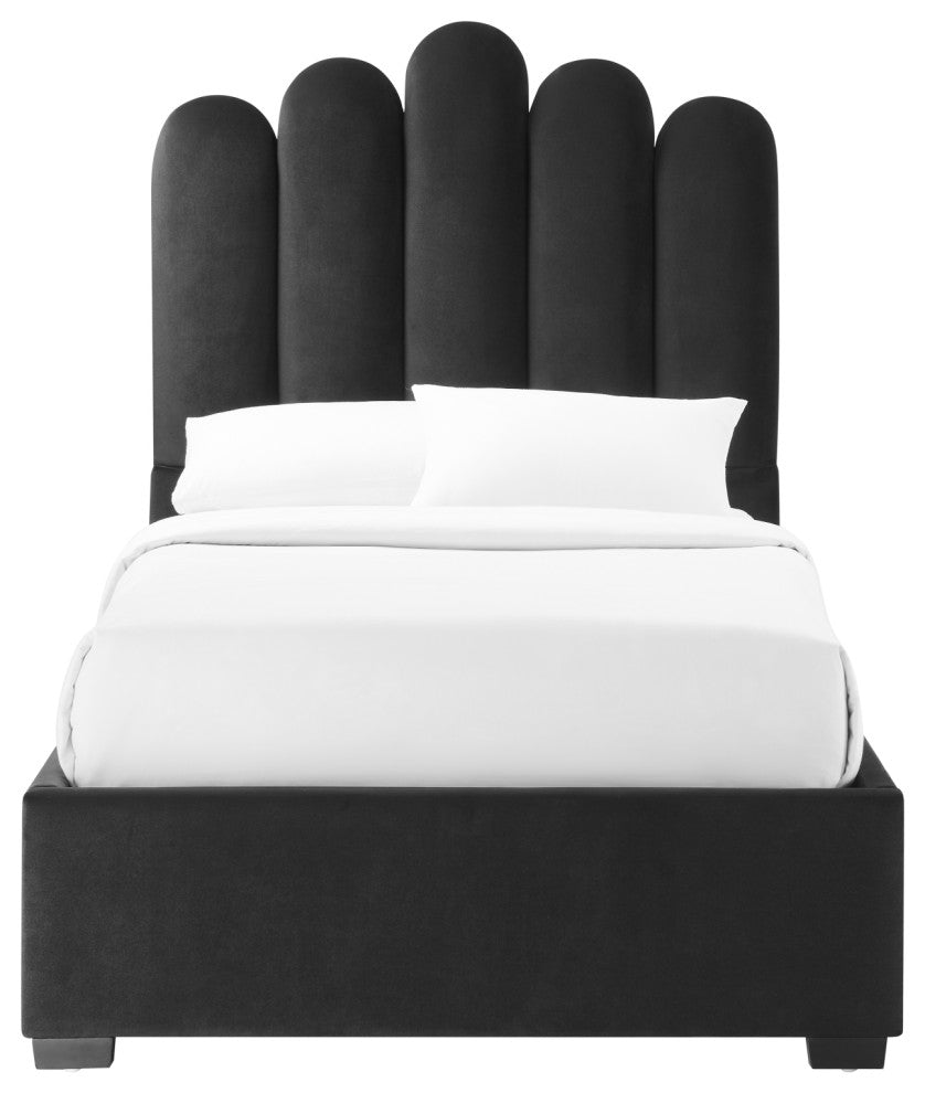 Inspired Home Monty Bed, Velvet Upholstered Scalloped Headboard, Black, Twin Xl