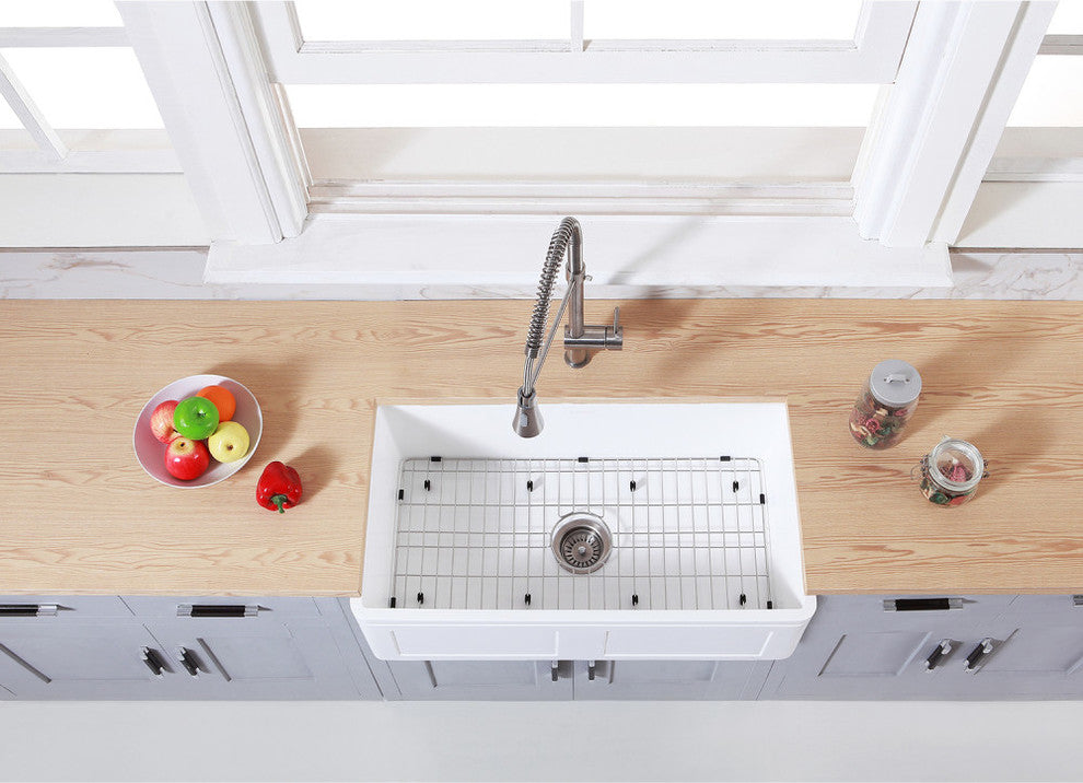 Gourmetier Farmhouse Kitchen Sink, Matte White/Brushed