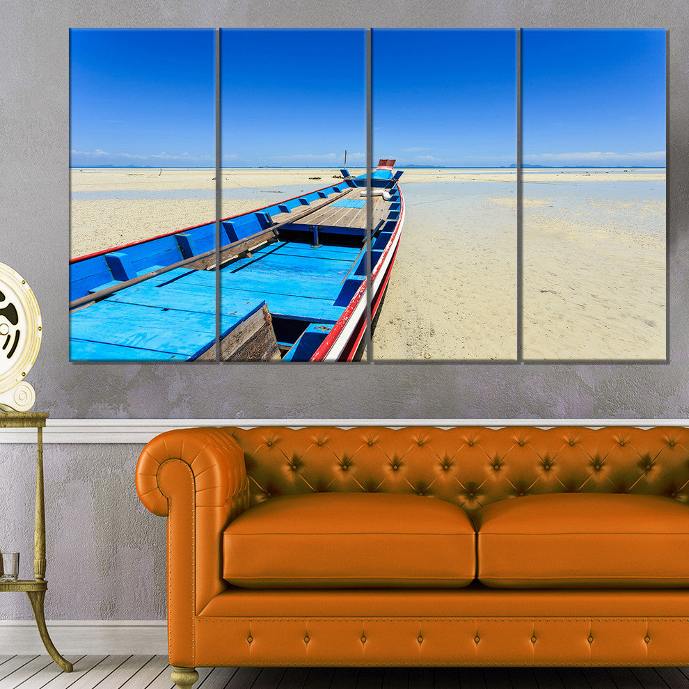 Long Tail Boat Stand at the Beach, Seashore Canvas Art Print, 48"x28", 4 Panels