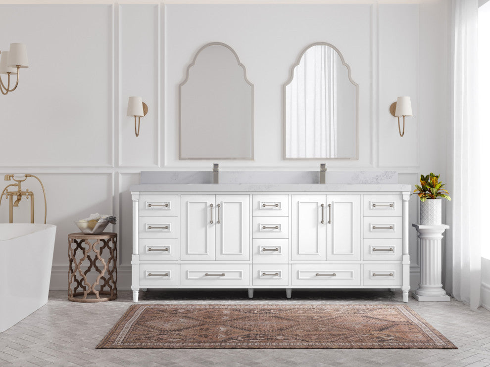 Aberdeen 84 Double Sink Bath Vanity in White 2" Calacatta Nuvo