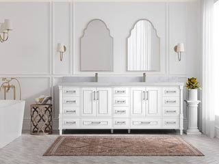 Aberdeen 84 Double Sink Bath Vanity in White 2" Calacatta Nuvo