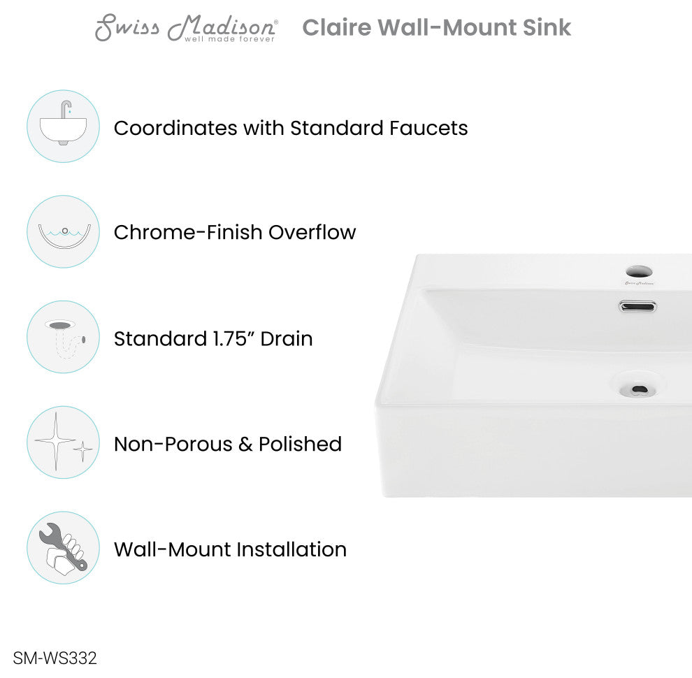 Claire 24" Rectangle Wall-Mount Bathroom Sink, Glossy White