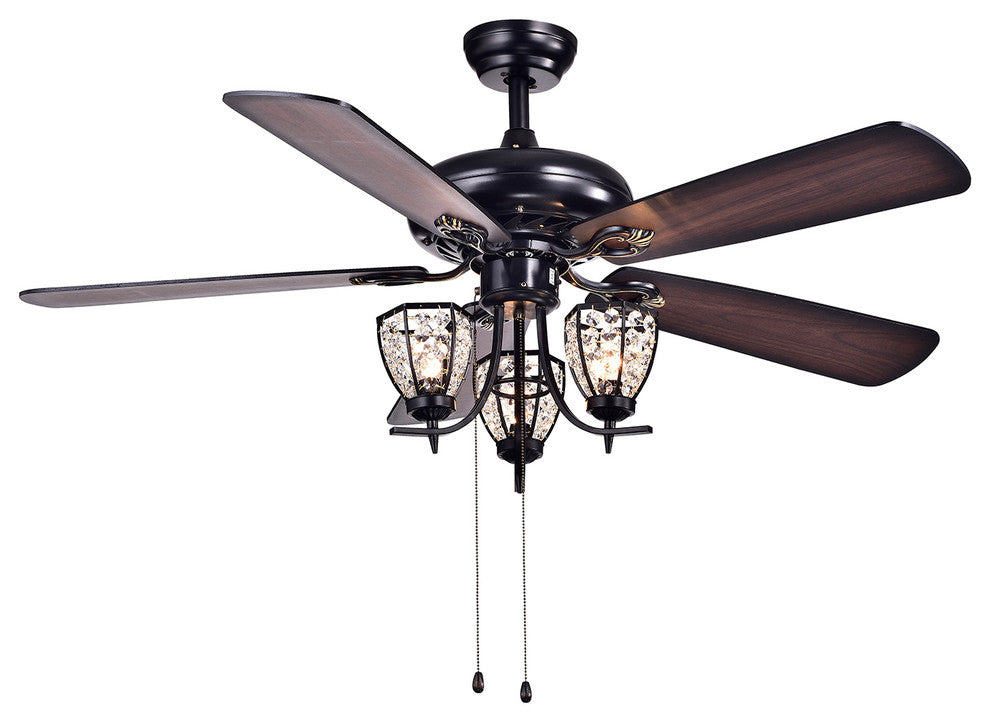 Mirabelle 3-Light, 5-Blade Black Metal and Crystal Lighted Ceiling Fan, 52"