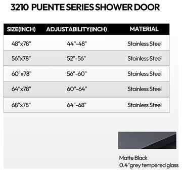 Echarri Single Sliding Frameless Shower Door, Tinted Glass, Matte Black, 64" W X 78"h
