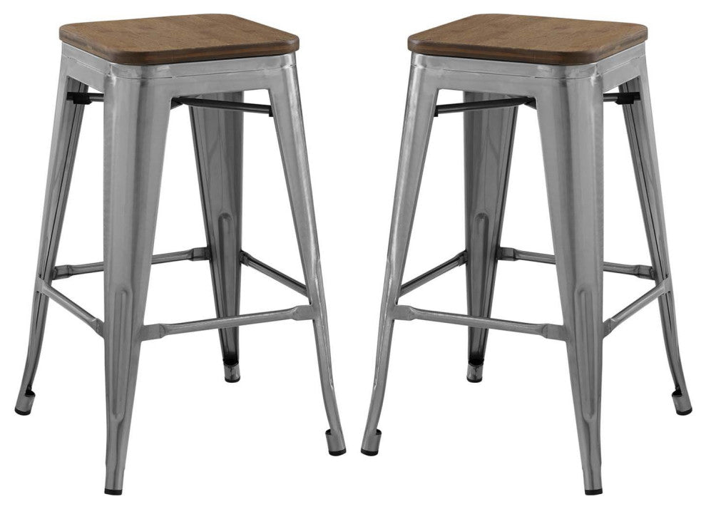 Counter Stool Chair, Set of 2, Wood, Metal, Gunmetal Silver, Modern, Bar Pub