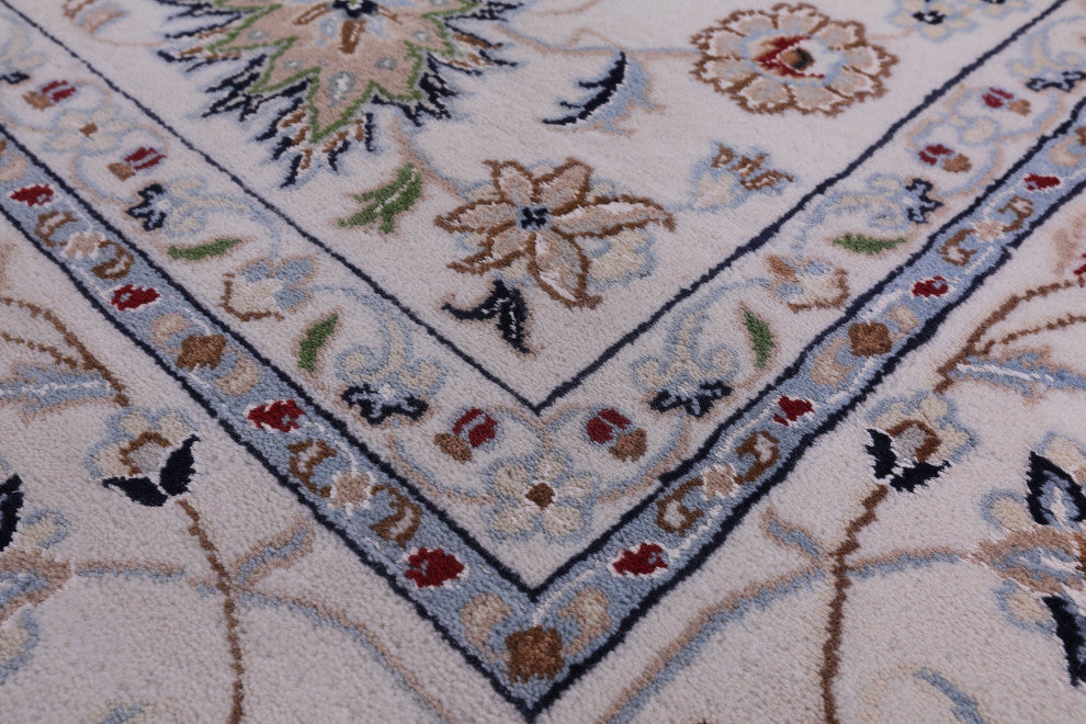 7' Square Wool & Silk Hand-Knotted Persian Nain Rug - Q14752