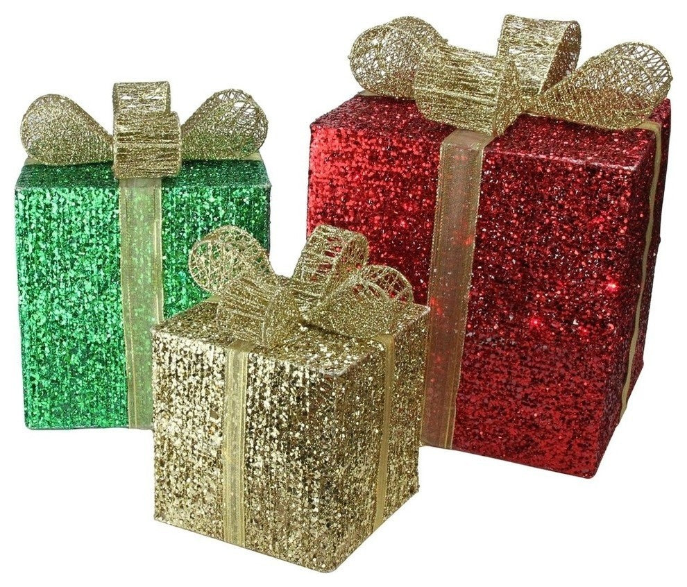 Lighted Glistening Prismatic Gift Box Christmas Outdoor Decoration, 3-Piece Set
