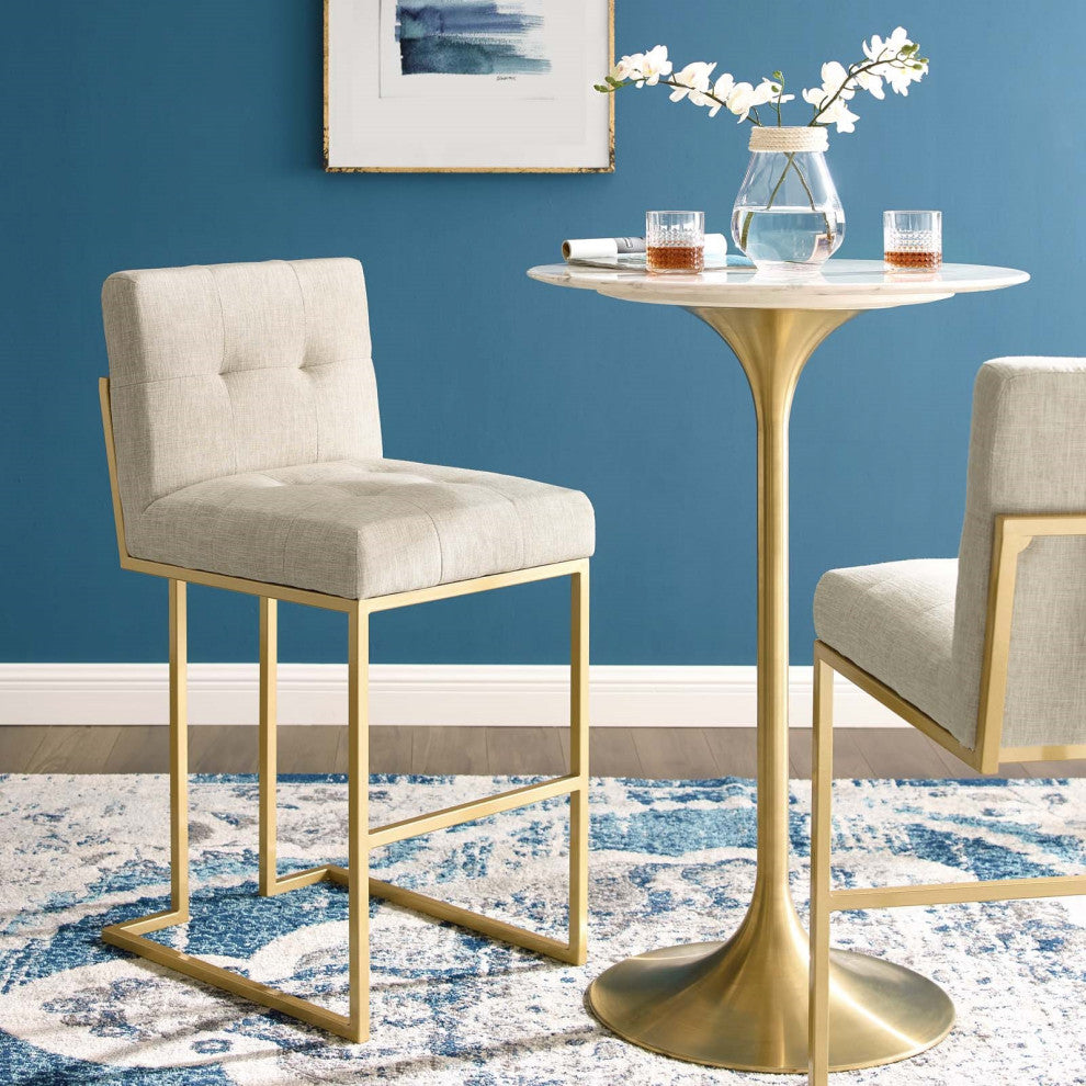 Beige Fabric Bar Stool, Heidi Giselle Gold Bar Stool, Tufted Luxe Glam Barstool