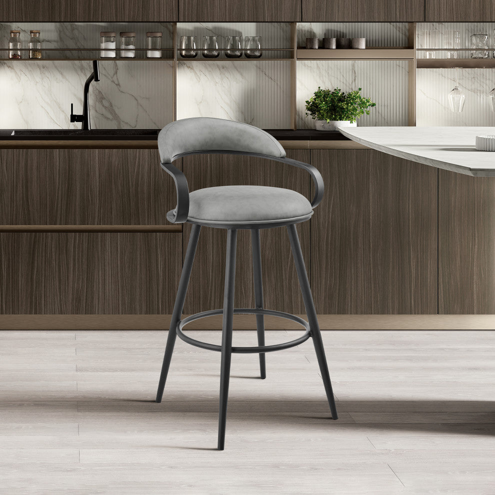 Gardenia Swivel Stool With Black Iron Frame and Faux Leather, Vintage Gray, Bar Height