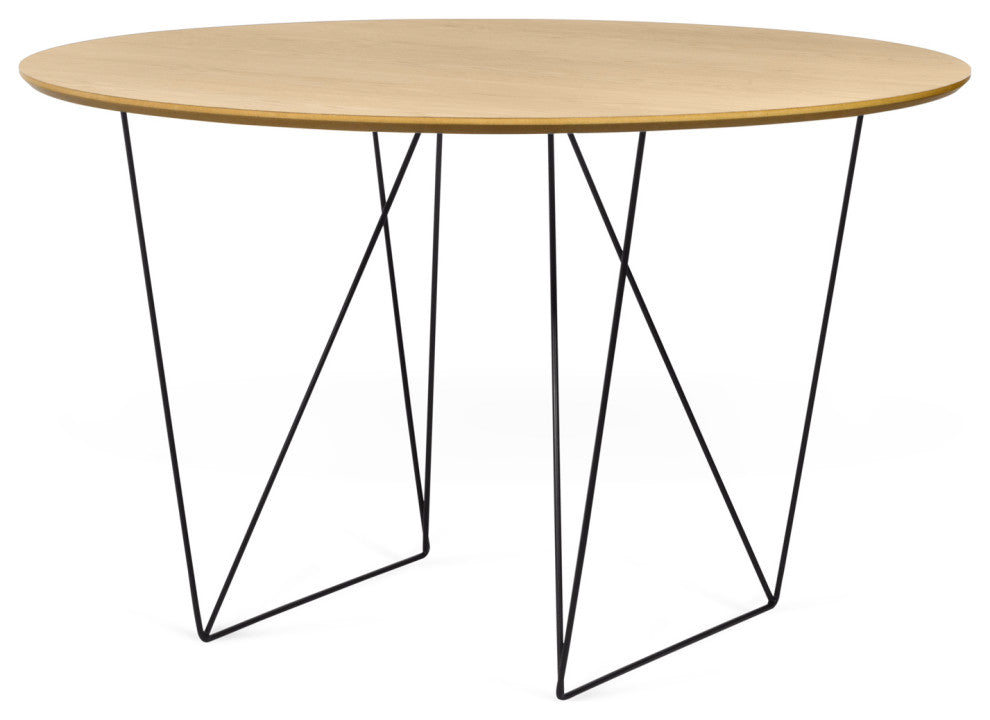 Round Contemporary Wood Top Dining Table, Oak Top/Black Steel