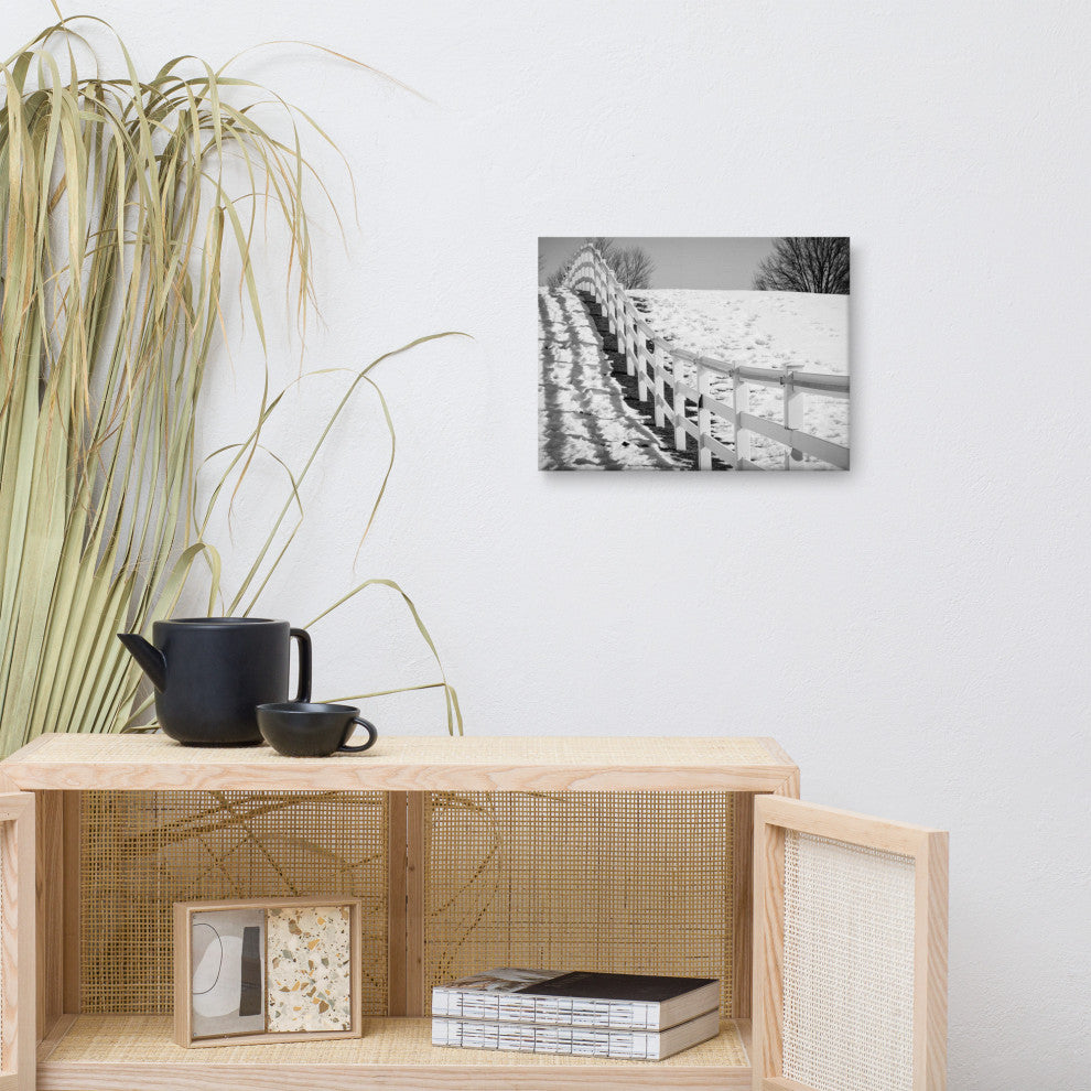 Endless Fence Rural Black & White Landscape Photo Canvas Wall Art Print, 12" X 16"