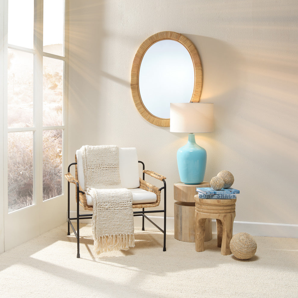 Palermo Lounge Chair, Natural Rattan and Black Steel With Off White Cushions