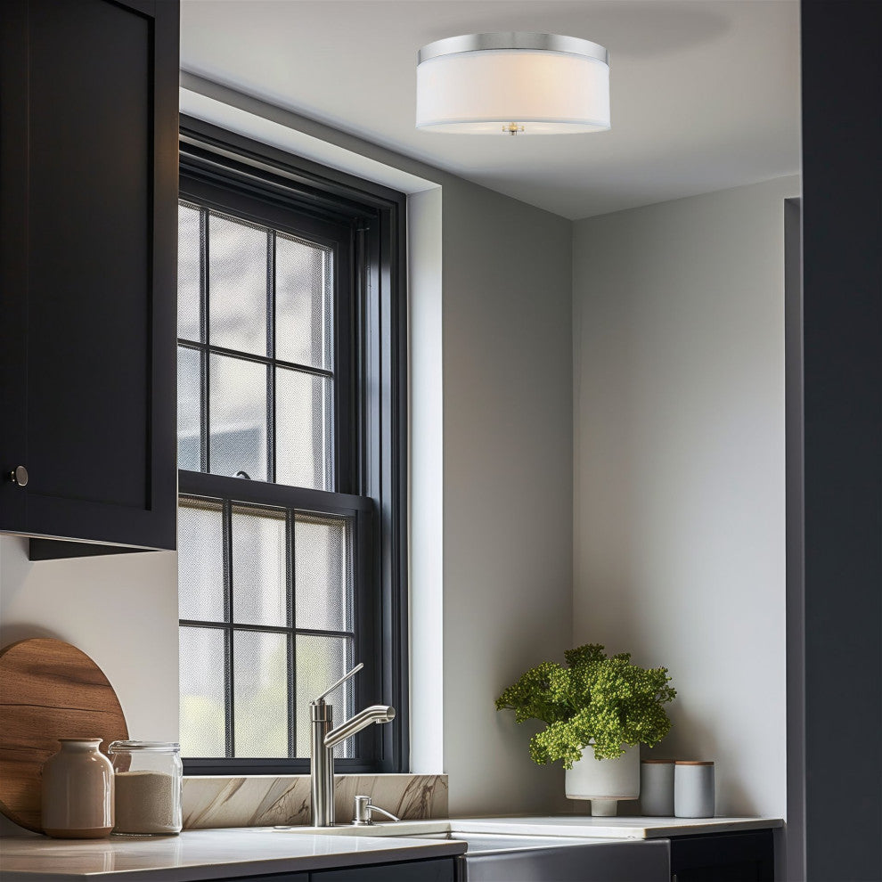 Kira Home Walker 15" Flush Mount Ceiling Light, White Fabric Shade, Round Glass