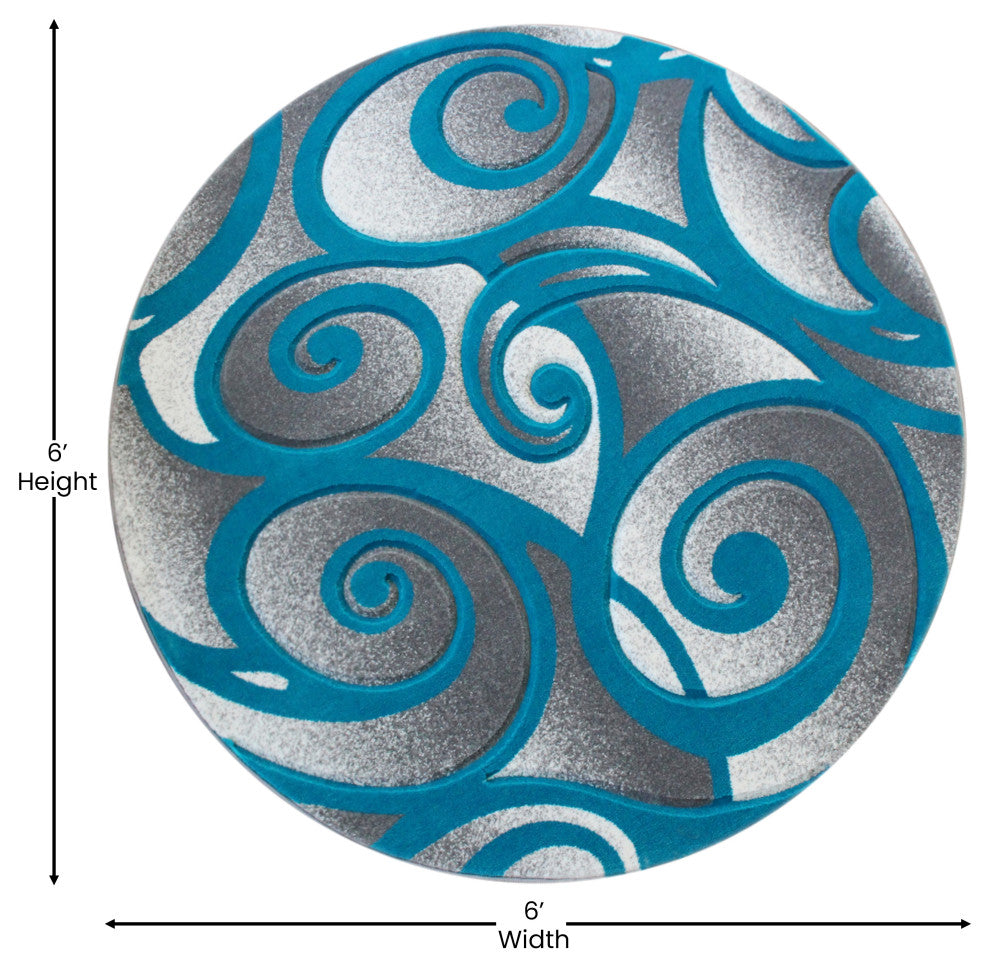 Angie Collection Modern High-Low Pile Swirled Round 6' x 6' Turquoise Area Rug