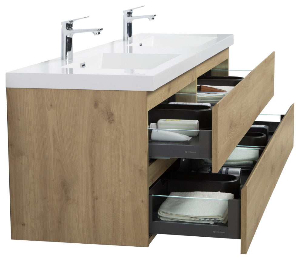 Aurora Wall Mount Vanity, White Acrylic Top, Sonoma Oak, 72" Double