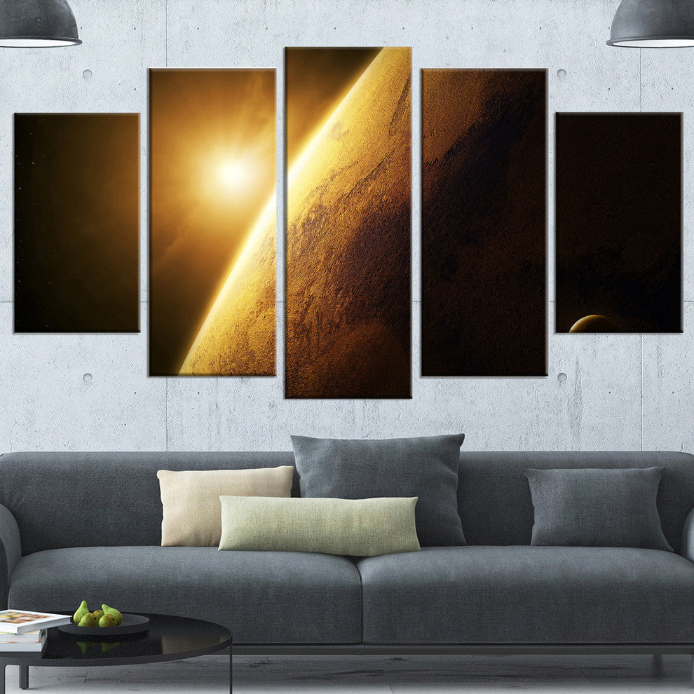 Planet Mars Close up with Sunrise, Large Landscape Canvas Art, 60"x32", 5 Panels