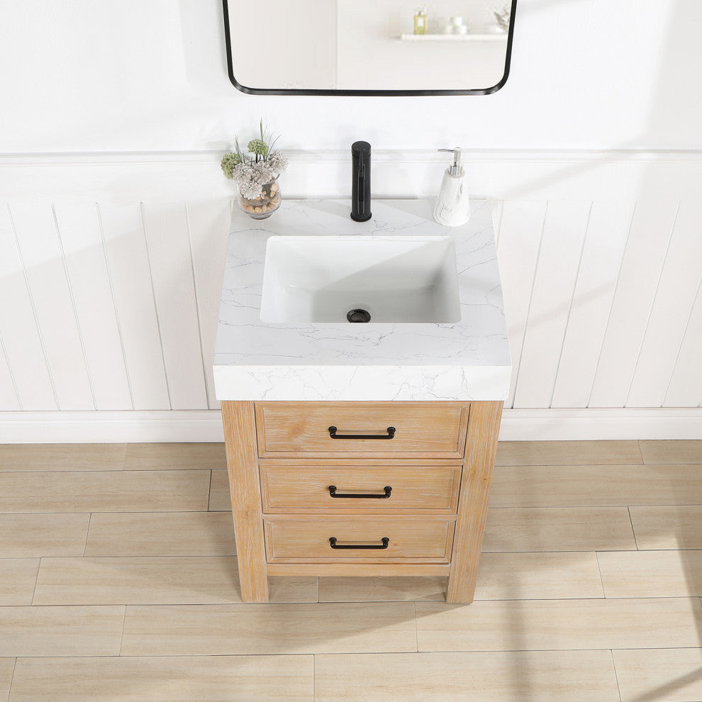 Leon Bath Vanity With Composite Stone Top, Fir Wood Brown, 24", With Mirror