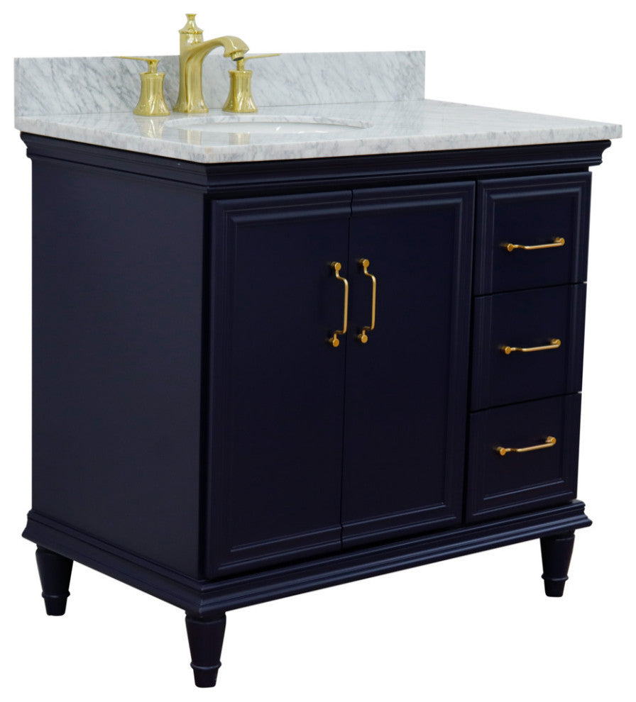 37" Single Vanity, Blue Finish With White Carrara