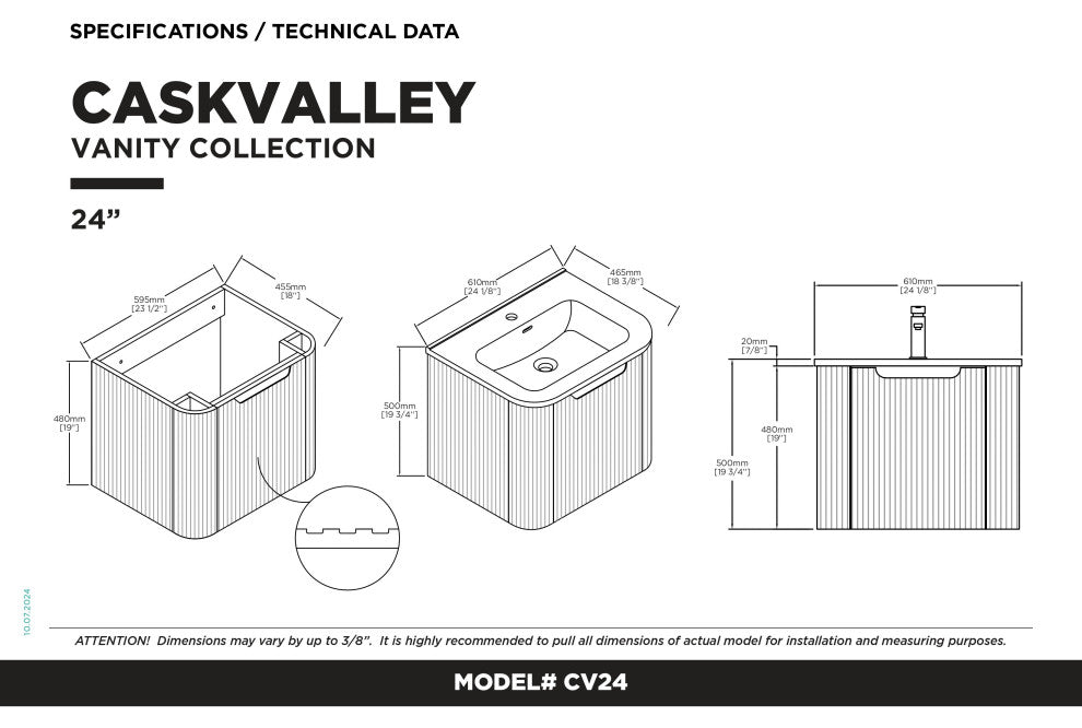 Caskvalley Bath Vanity, Straight Fluted Design Sink Included, White, 24"