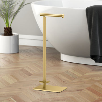 Square Freestanding Toilet Paper Holder, Brushed Brass, Storage