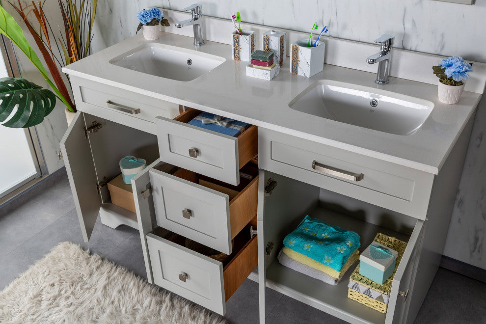 Livia Collection 60" Bathroom Vanity With Sink, Mirror, Countertop, Gray