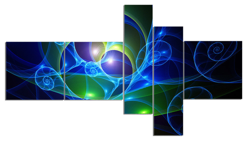 Blue Curly Spiral on Black, Abstract Wall Art Canvas, 60"x32", 5 panels