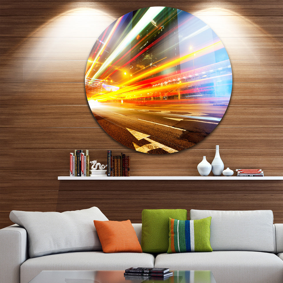 Car Light Trails In Hong Kong, Cityscape Photo Disc Metal Wall Art, 23"