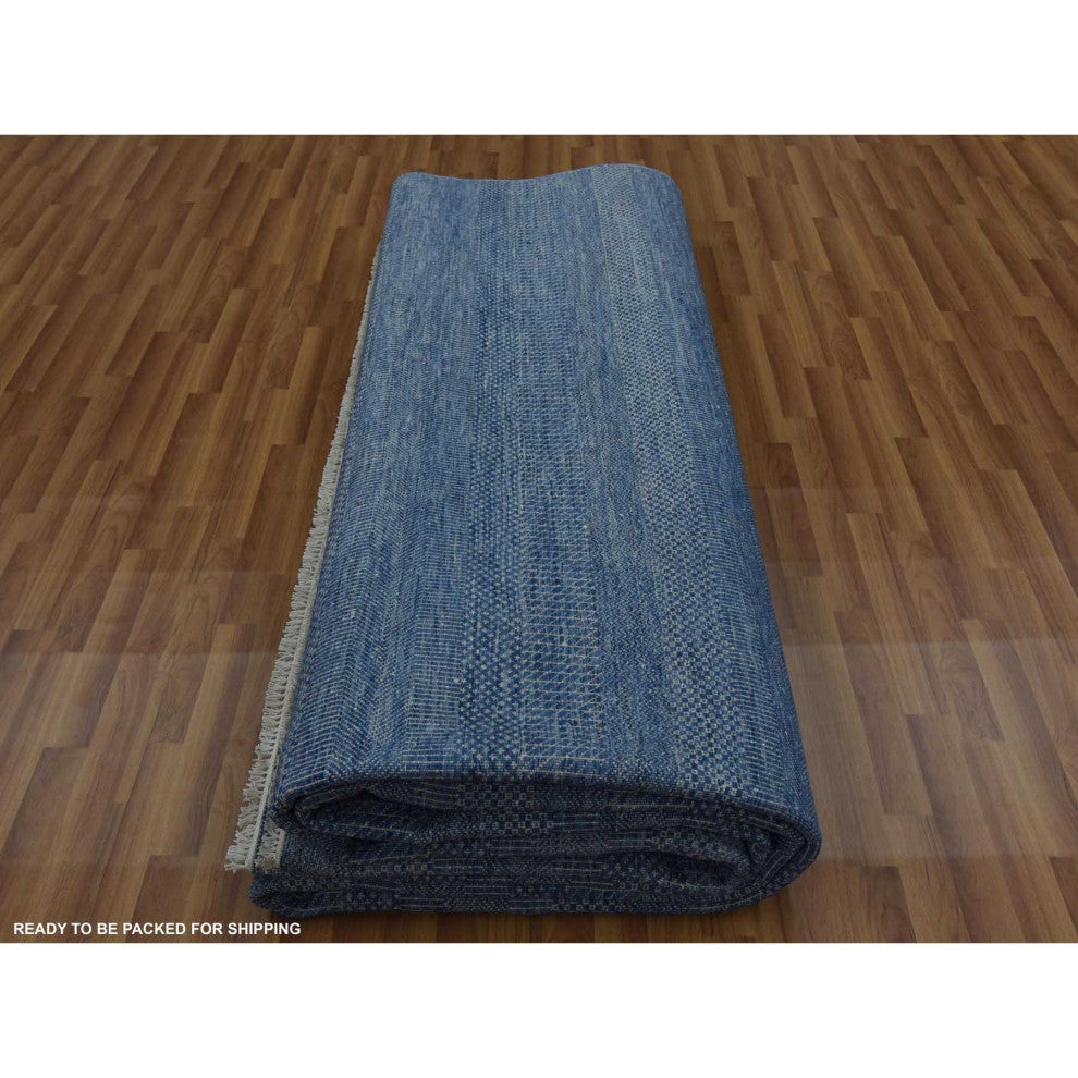 Dark Sapphire Hand Knotted Grass Design Wool and Silk Oversized Rug, 12'x18'