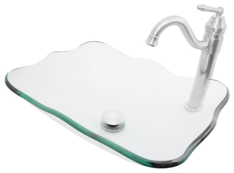 Clear Scalloped Tempered Glass Vessel Bathroom Sink with Faucet and Drain, Brushed Nickel