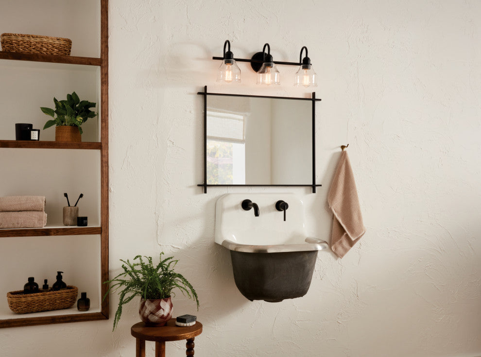 Avery 24" 3 Light Vanity Light With Clear Seeded Glass, Black