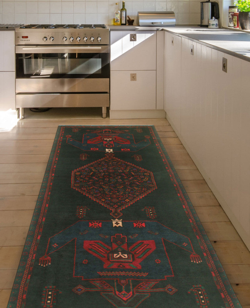 Fine Vintage Distressed Anglesey Black/Navy Runner, 3'7x9'1