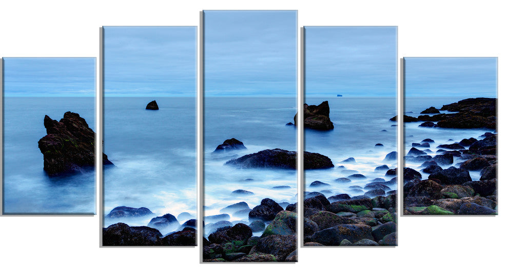 "Rocky Coast Near Raykjanes" Seashore Canvas Art, 60"x32", 5-Panels