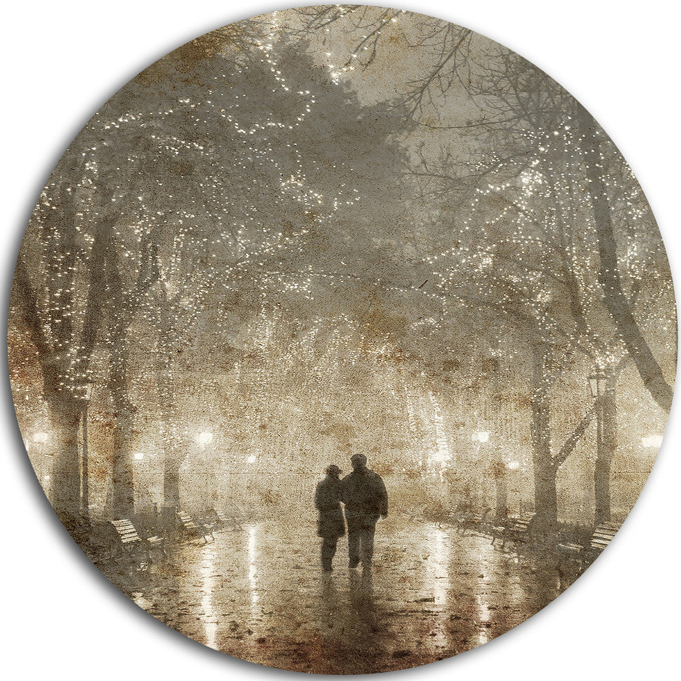 Couple Walking In Night Lights, Landscape Photo Disc Metal Artwork, 36"