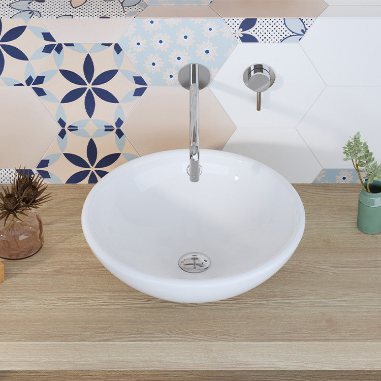 White Ceramic Circular Bathroom Vessel Bathroom Above Counter Sink With Overflow