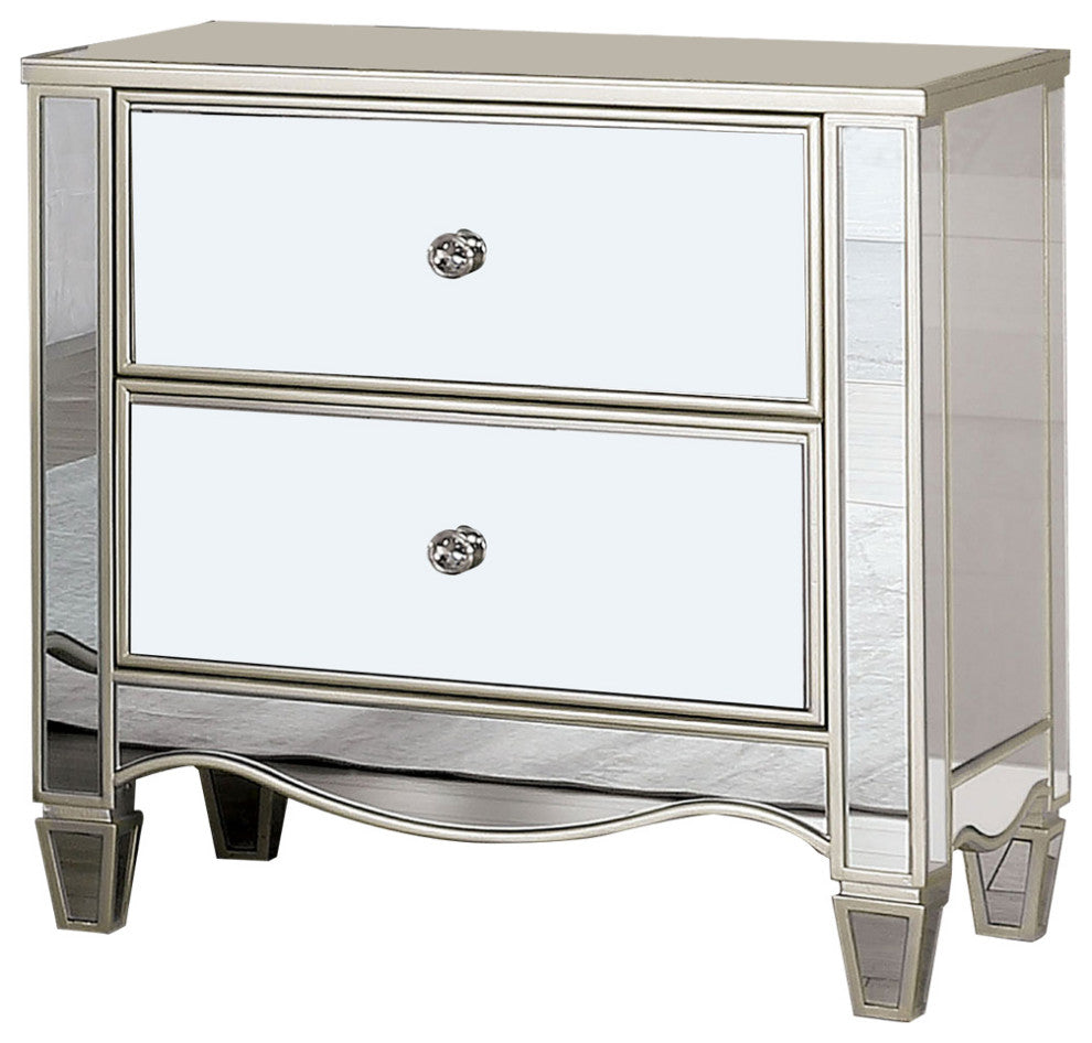 2 Drawers Night Stand with Mirror Panels Design, Silver