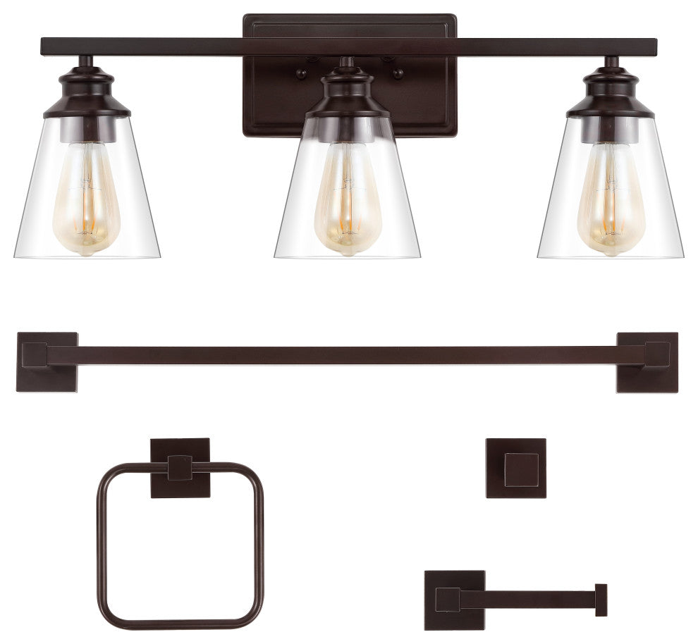 3-Light Vintage Classic Vanity Light, Bathroom Hardware Accessory Set, 5-Piece