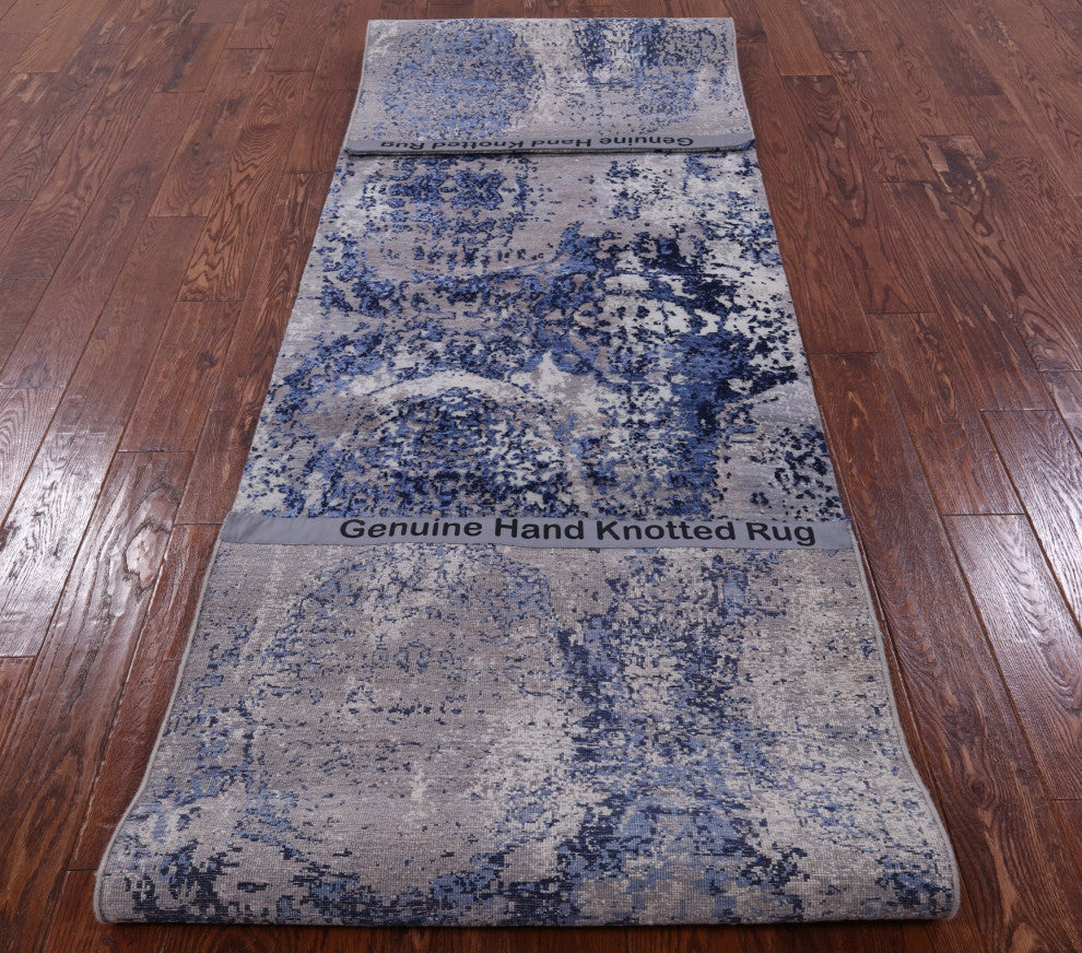 Modern Handmade Wool and Silk Runner Rug 3' 0" X 12' 4" Q9068