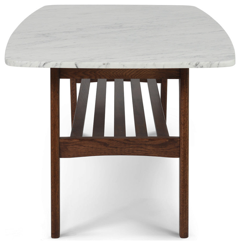 Laura 43" Rectangular Italian Carrara White Marble Coffee Table with Oak Shelf,