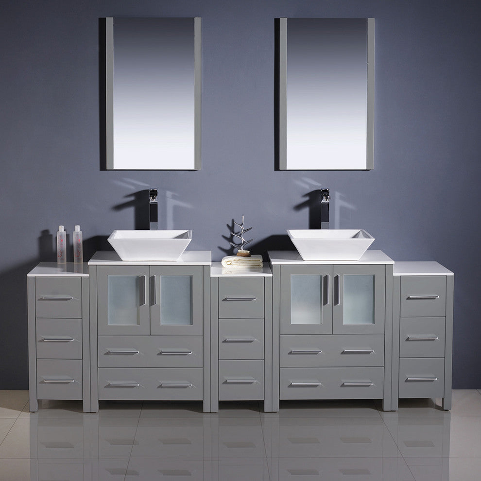 84" Gray Double Sink Bathroom Vanity With 3 Side Cabinets, Faucet, FFT