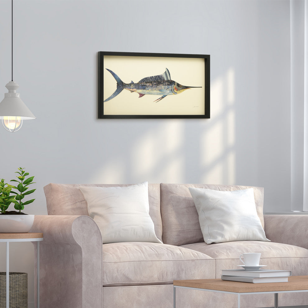 Blue Marlin Handmade Collage Framed Graphic Wall Art Under Glass 33x17