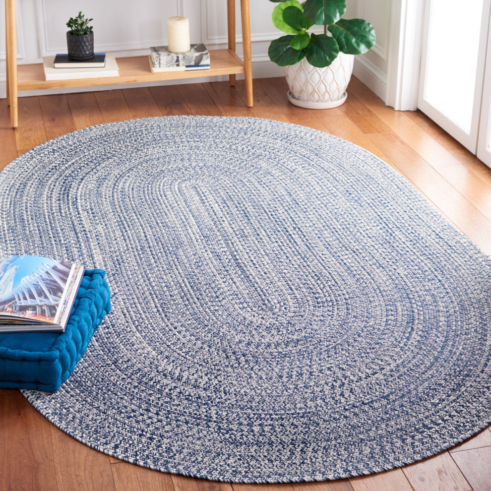 Safavieh Braided BRA201 Rug Machine-Washable, Dark Blue/Ivory, 8'x10' Oval