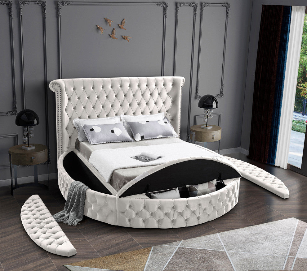 Luxus Button Tufted Velvet Round Bed, Cream, Queen